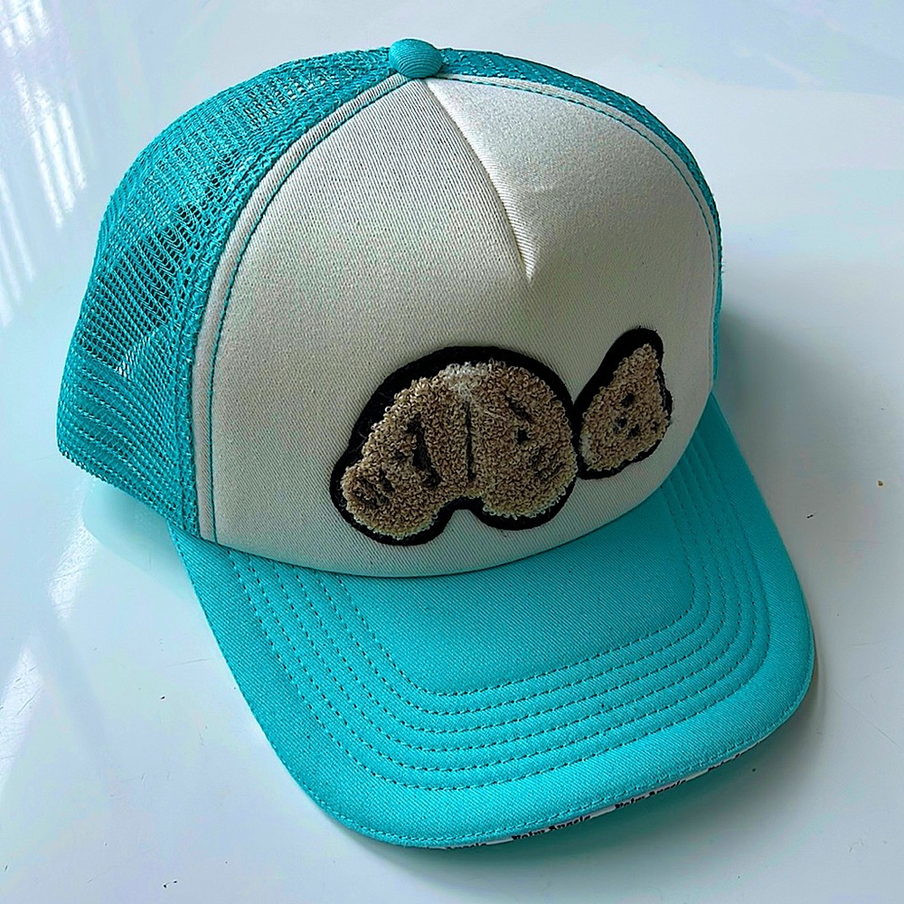 Palm Angels teal Trucker Bear cap (white/blue)